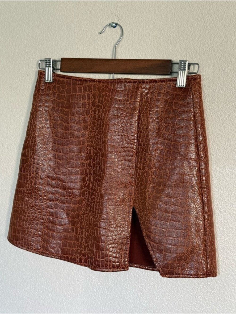 Motel Rocks Brown Croc-Embossed Mini Skort with Front Slit